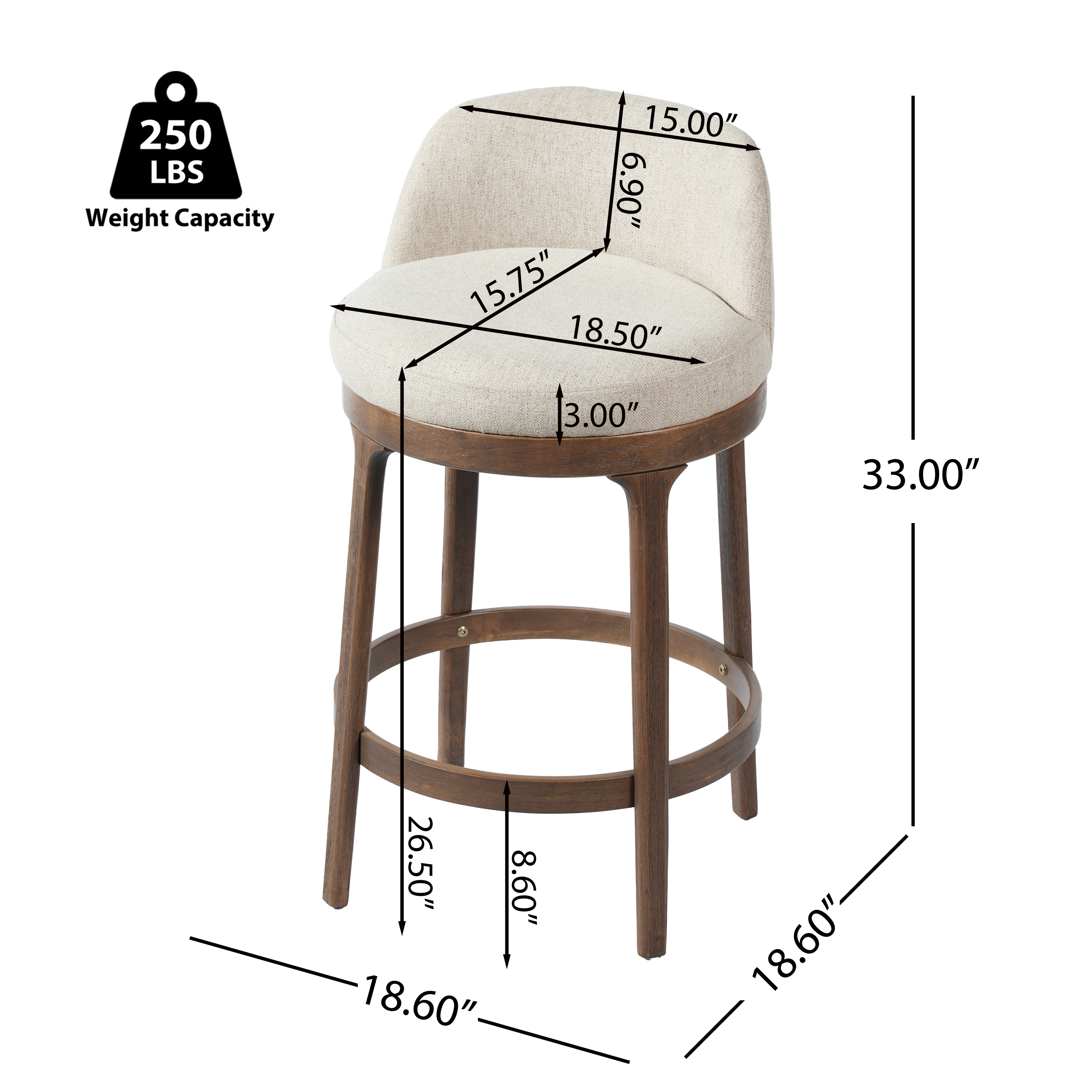 Noble House Chloe Counter Height Bar Stool Set of 2,Beige Upholstered Seat,Walnut + Beige
