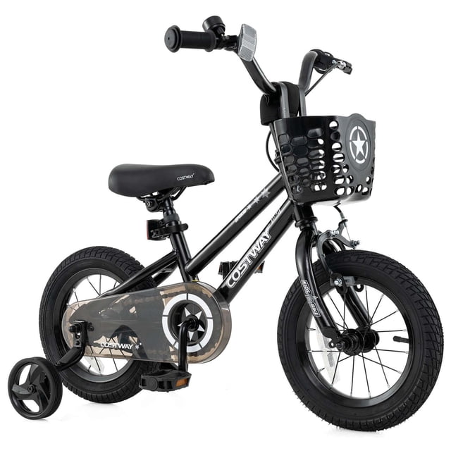 Costway Vélo pour Enfant de 12 Pouces avec Roues Stabilisatrices, Guidon et Selle Ajustables, Frein à Main Noir. Vélo pour Enfants Noir avec Cadre Métallique Robuste, Roues de 12 Pouces et Roues Stabilisatrices Détachables pour l'Équilibre. Comprend un Guidon et un Selle Ajustables, un Système de Freinage Double avec Freins à Main et à Rétropédalage, et un Panier avant pour le Rangement. des Réflecteurs à l'Avant et à l'Arrière Améliorent la Visibilité, pendant Que le Protège-Chaîne Fermé Assure la Sécurité. Conçu pour