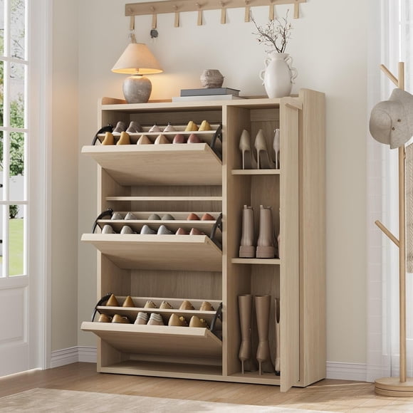 Shoe Storage Cabinet with 3 Flip Drawers & Side Door, Hidden Shoe Organizer with Adjustable Shelves, Freestanding Wooden Shoe Cabinet for Entryway, Hallway, Living Room