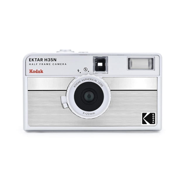 KODAK EKTAR H35N Half Frame Retro Film Camera in striped silver finish, designed for 35mm film photography. Features a 22mm fixed-focus wide-angle lens, built-in flash, star filter for light flares, and bulb function for long exposure shots. Includes a bonus microfiber cleaning cloth.
