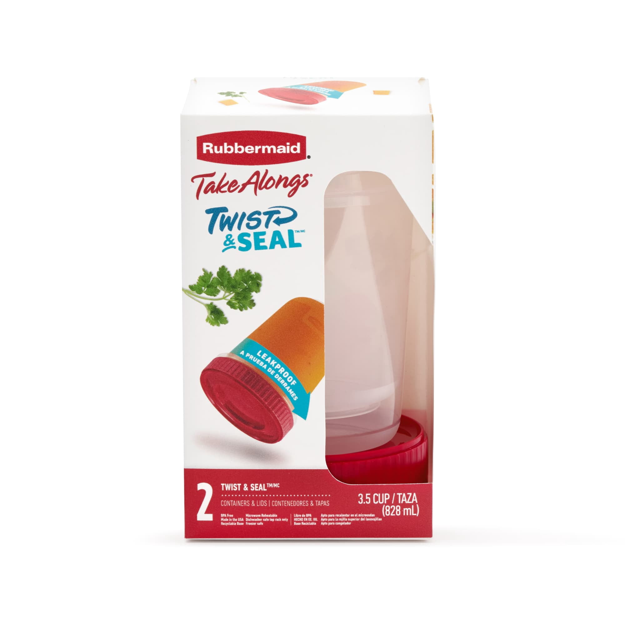 Rubbermaid TakeAlongs Twist & Seal Food Storage Containers, 828 mL (3.5-Cup), Ruby, 2 Pack