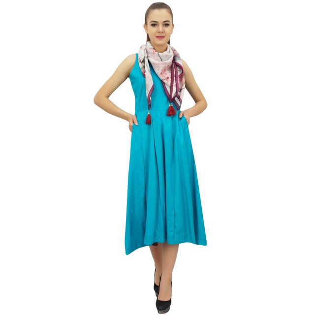 Bimba Women's Designer Rayon Dress With Pockets Solid Aqua Maxi With Scarf - 26
