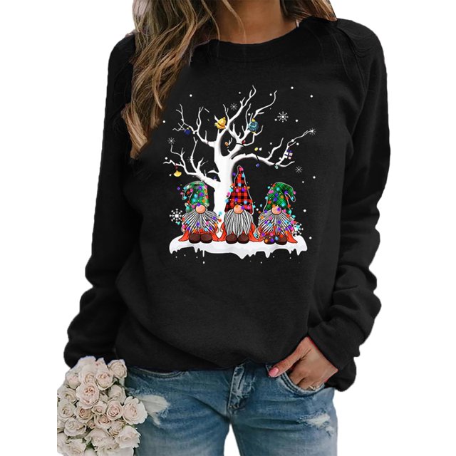 Bellella Pull pour Femmes Col Rond Sweat-Shirts de Noël Imprimé Gnome Sweat-Shirt Chaud à Manches Longues Noir TG