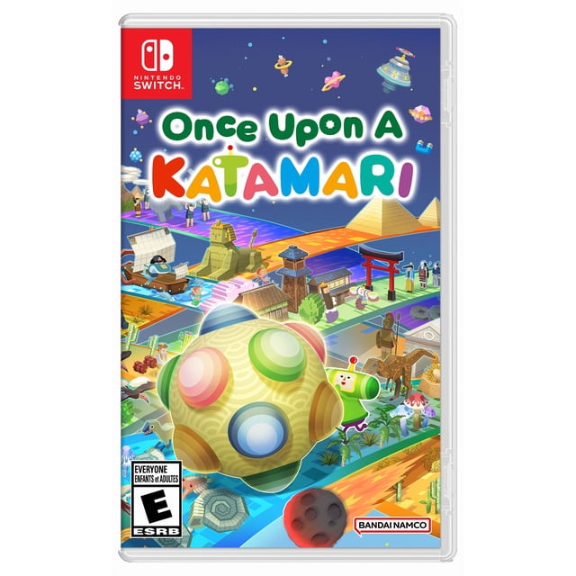 Once Upon a Katamari Nintendo Switch game cover showing a colorful katamari ball with multicolored circular patches rolling through a vibrant stylized world featuring pyramids, a sphinx, a torii gate, and various characters, highlighting its puzzle action adventure gameplay.