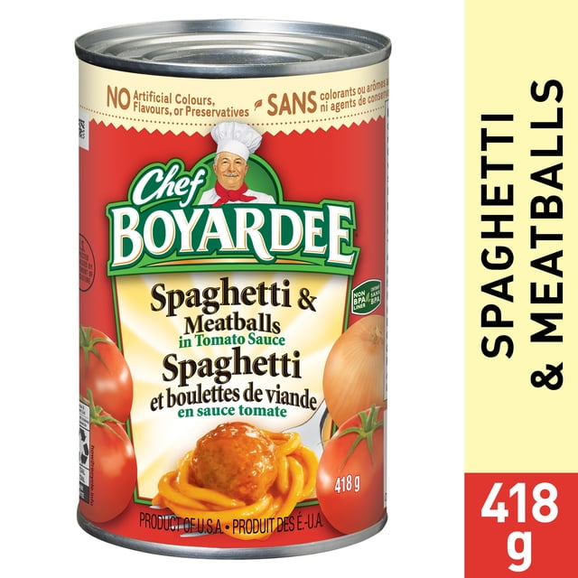 Chef Boyardee Spaghetti And Meatballs in Tomato Sauce canned pasta, 418g, with a red and cream label featuring spaghetti and meatballs in tomato sauce, tomatoes, and an onion, labelled no artificial colours, flavours, or preservatives, ideal for quick pantry meals.