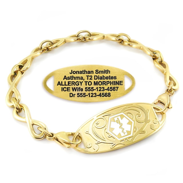 MedicEngraved Yellow Gold Stainless Steel Custom Medical Alert Bracelet - 6mm Infinity Link