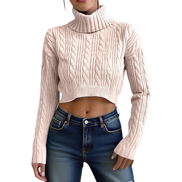 Fgnfyis Knit High Neck Pullover Sweater Short Cropped Ribbed Pattern Sweaters for Women for Soft Warm Winter Casual Turtleneck Light Pink L