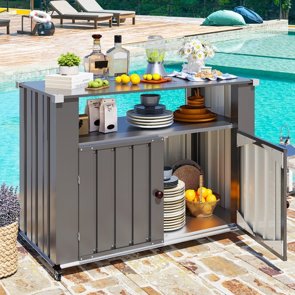 AECOJOY Outdoor Grill Table with Storage Cabinet, Weatherproof Outdoor Kitchen Island Prep Station with Countertop and Storage Space, BBQ Grill Cabinet Cart for Patio, Dark Gray