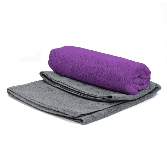 PurAthletics Lot de 2 Serviettes D\'entraînement Physique avec une Serviette Roulée Violette et une Serviette Pliée Grise en Microfibre, Antibactériennes, Sans Charpie, Ultra-Absorbantes et à Séchage Rapide, Idéales pour le gym et la Salle de Bain.