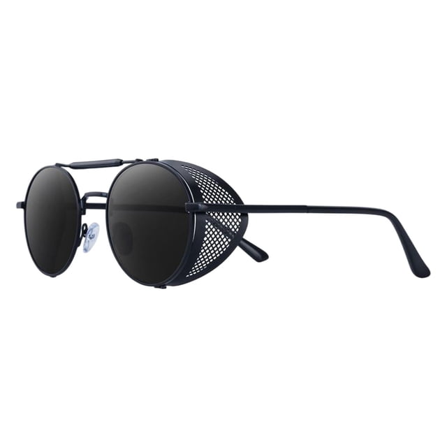 Lunettes de Soleil Rétro Rondes Steampunk Protection UV400 Latérales Gothiques pour Lentille Monture Noire