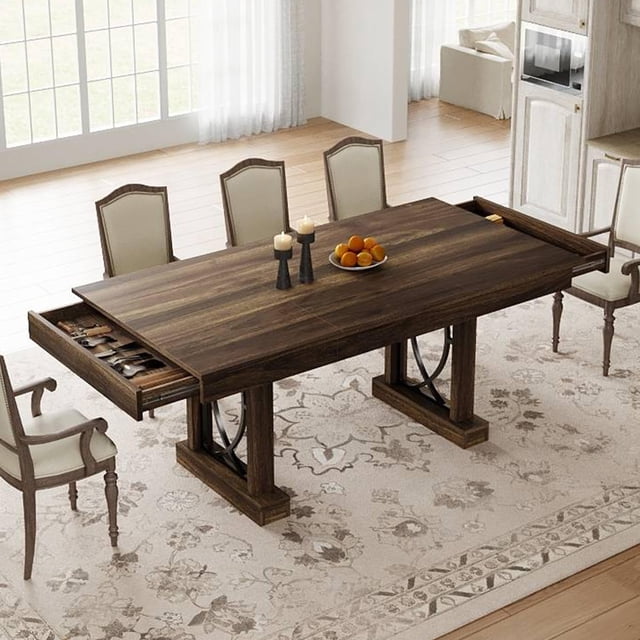 BeesClover Industrial Dining Table for 6-8 with 2 Drawers, 71-Inch Wood Kitchen Table with Large Tabletop & Sturdy Frame, Rectangular Dining Room Table for Dinner, Living Room