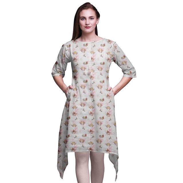 Bimba Kurti Asymétrique Imprimé Branche Rose et Colibri pour Femmes Robe d'Été Indienne Tunique XXX-Large