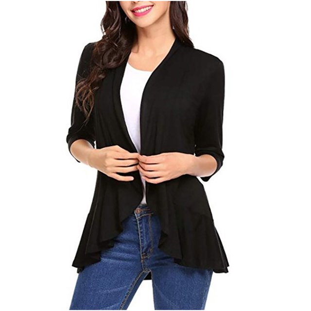Pompotops Cardigan pour Femme à Manches Neuf-Quarts, Couleur Unie, Doux, à Volants Drapés