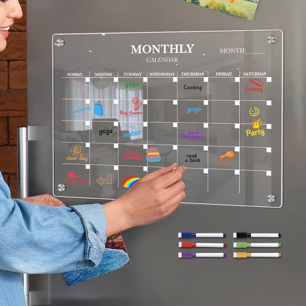 MesaSe Acrylic Magnetic Calendar Whiteboard for Refrigerator-Clear Dry Erase Memo Planner Board with Marking Pen-Ideal Kitchen Organizer Notepad for Home and Office. M-M333