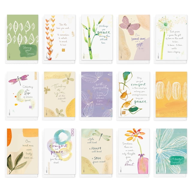 Carlton Cards 15-Count Sympathy Card Assortment with Envelopes and Seals featuring Kathy Davis watercolor floral and nature-inspired designs in muted colours, including leaves, flowers, dragonflies, and butterflies, each card with soothing condolence messages, arranged in a grid layout for gift or personal use.