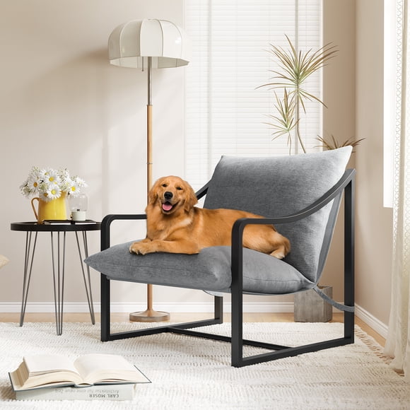YUSAZENS Modern Accent Chair with Metal Frame & Foam Cushion, Upholstered Sling Reading Chair with Armrests for Living Room, Bedroom, Balcony, Gray, 280LBS Capacity