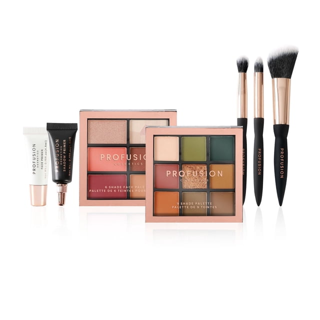 PROFUSION COSMETICS Artistry On-The-Go Ensemble de Maquillage avec Deux palettes Présentant 6 et 9 Teintes dans des Tons Neutres et Terreux, Deux Apprêts pour le Visage et les Ombres Format Voyage, et Trois Pinceaux à Manche Noir avec Embouts Or rose, Conçu pour une application Polyvalente et Pratique pour le Voyage.