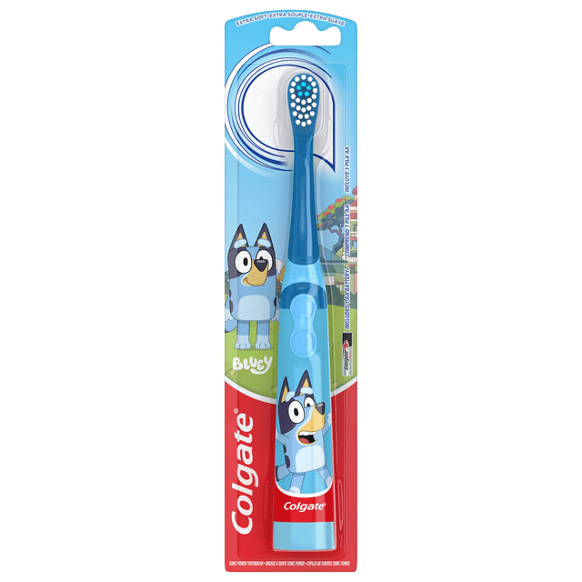Colgate Kids Battery Powered Bluey Toothbrush in blue with a small vibrating brush head and extra soft bristles, designed for children ages 3 and up, featuring a slim, easy-to-hold handle with Bluey character graphics, packaged with one AA battery included.