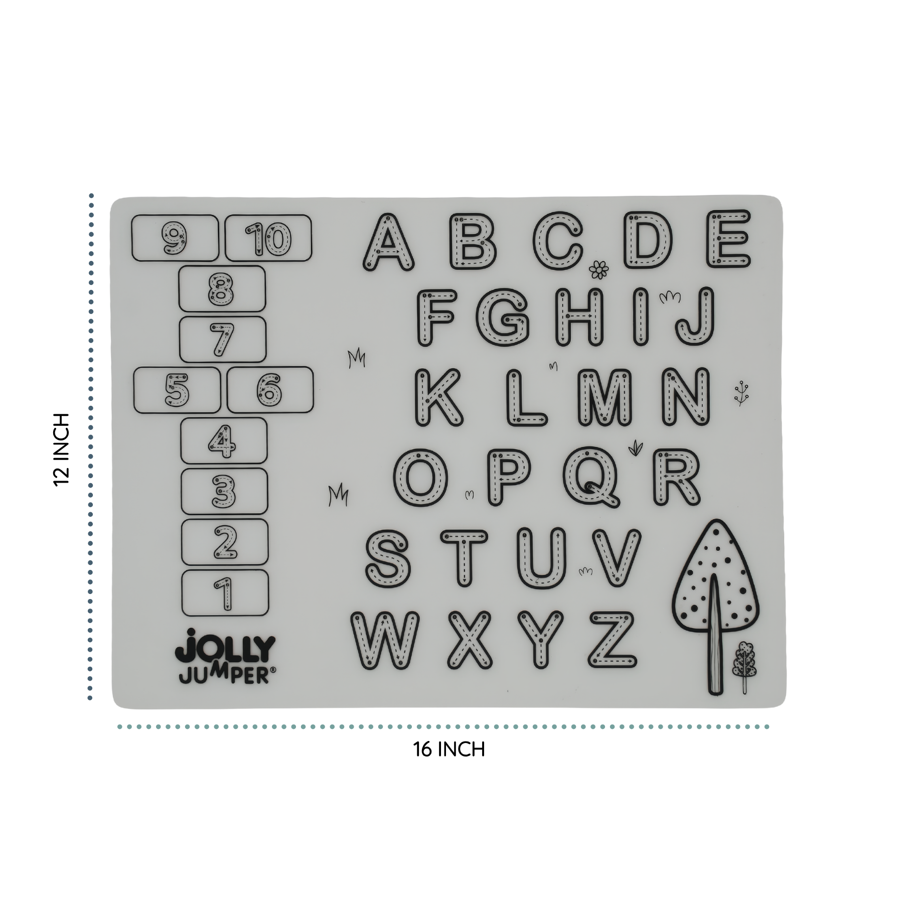 Jolly Jumper® Napperon éducatif | ENTREPRISE FIÈREMENT CANADIENNE | Tapis à dessiner réutilisable en silicone avec alphabet et chiffres | napperon effaçable pour les repas | 40 × 30 cm (16 × 12 po)