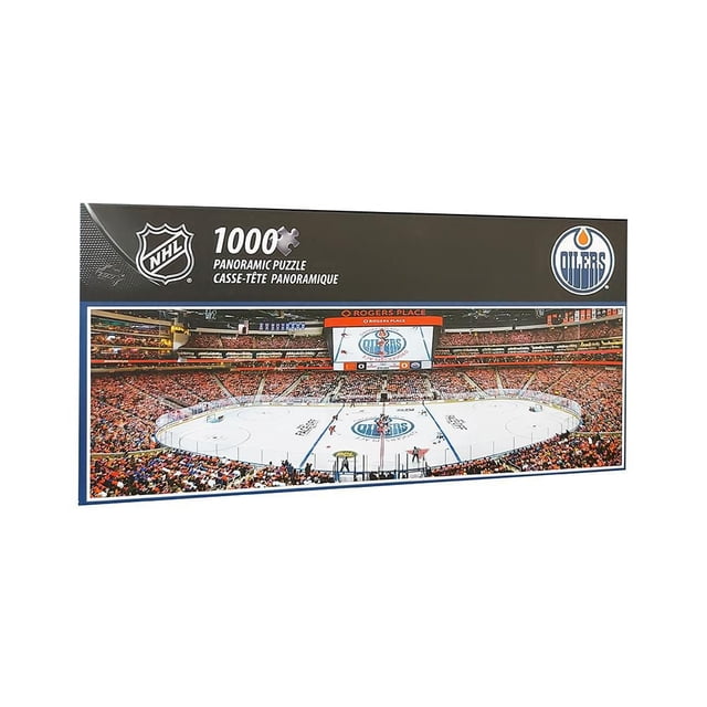 Masterpieces Puzzle Company Edmonton Oilers 1000 Piece Panoramic Jigsaw Puzzle featuring a detailed panoramic view from the sky box seat of the Edmonton Oilers rink at Rogers Place, with a packed crowd and NHL and Oilers logos on the box, made from 100% recycled chipboard, suitable for ages 14 and up.