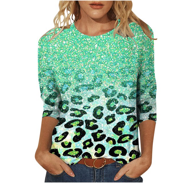 Pompotops T-shirt Ample à Imprimé Léopard pour Femme, Manches 3/4, Col Rond, Haut Décontracté, Liquidation