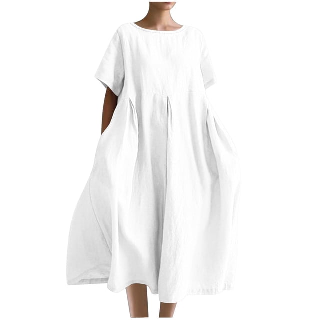 Robes Caftans en Coton et Lin pour Femmes Grande Taille à Manches Courtes Amples et Larges Robe Maxi Plissée à Volants Longue Robe Blanche, 4TG