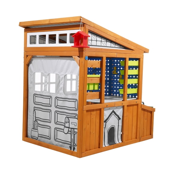 KFFKFF Outdoor Playhouse, Cedar Wooden Kids Playhouse with Bird Nest, Doorbell, Trash Bin, Gravity Wall Set, Storage Pocket, Windowsill, Wooden Kids Cottage