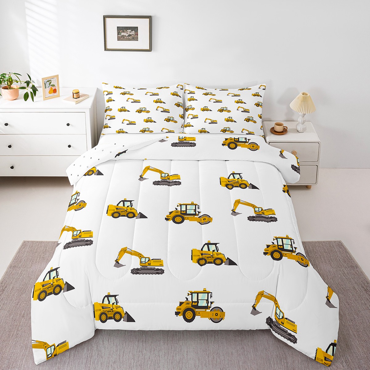 Boys Excavator Comforter Set,Construction Truck Toddler Bedding Set,Cartoon Car Bed Set,Yellow Vehicles Down Comforter