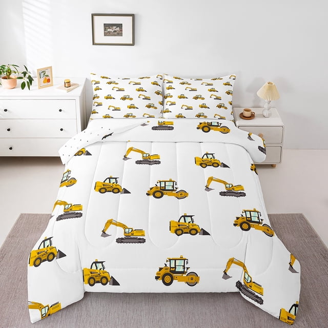 Boys Excavator Comforter Set,Construction Truck Toddler Bedding Set,Cartoon Car Bed Set,Yellow Vehicles Down Comforter