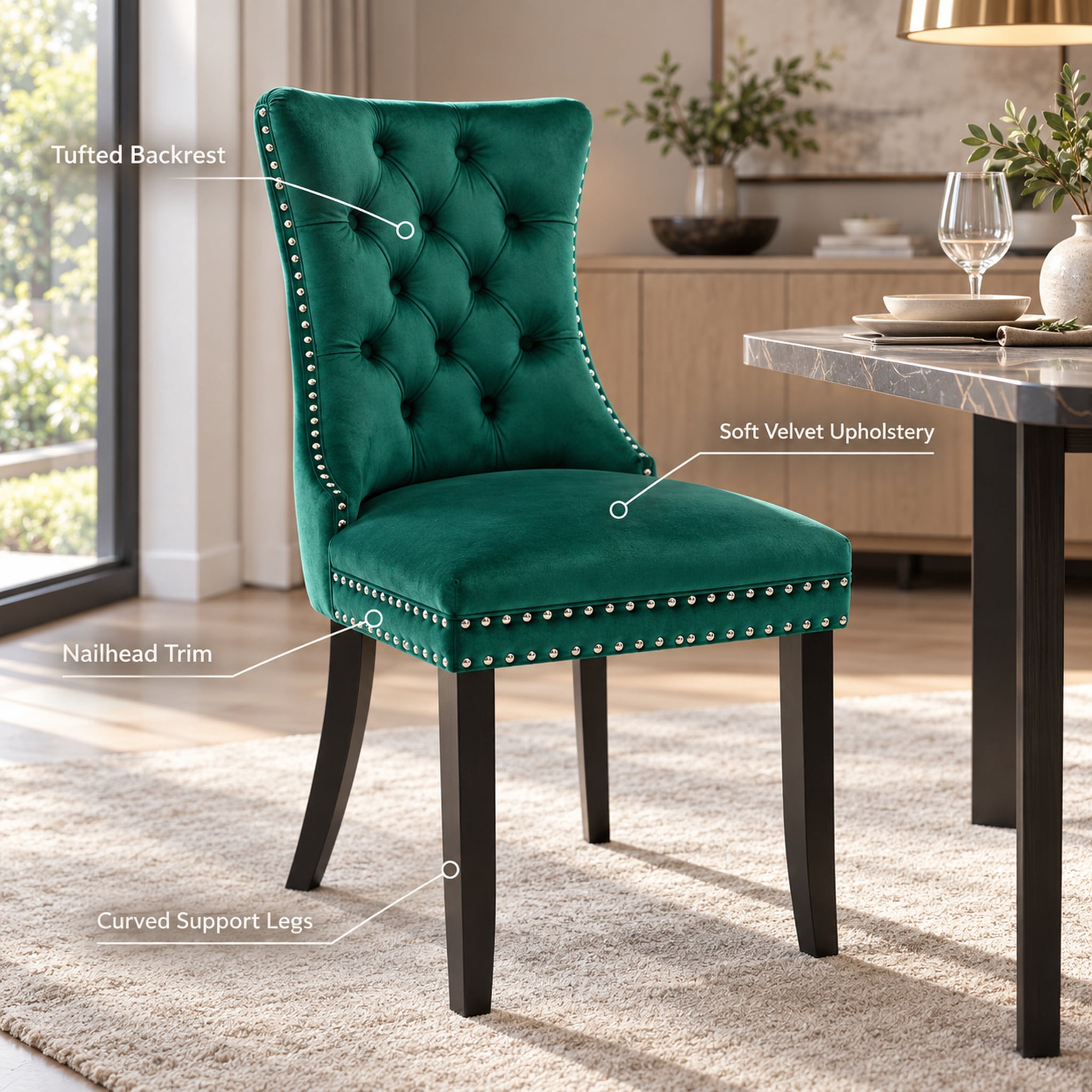 Homy Casa Green Velvet Tufted Dining Chairs Set of 2 with Solid Wood Legs and Nailhead Trim