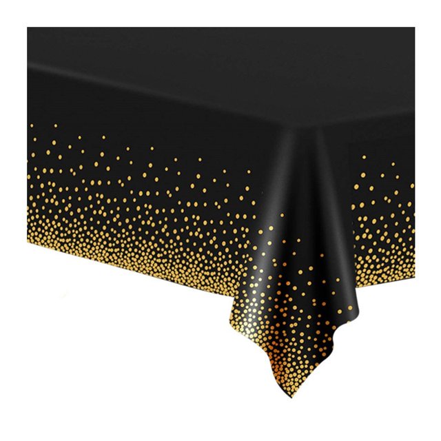 1 Pack Black and Gold Plastic Tablecloths for Rectangle Tables, Disposable Party Gold Dot Confetti Table Covers for Birthday, Graduation, Cocktail Parties, 54" x 108"