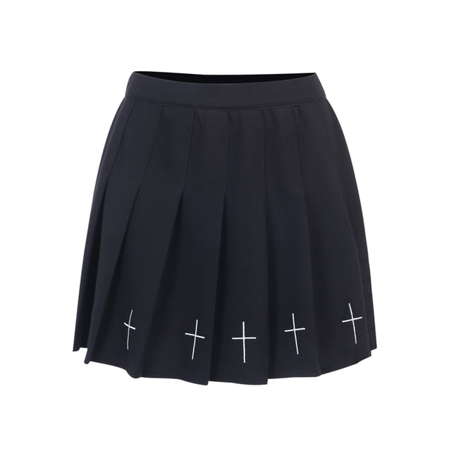Sylvamorning Women High Waist Gothic Punk Cross Pattern Mini Pleated Skirt