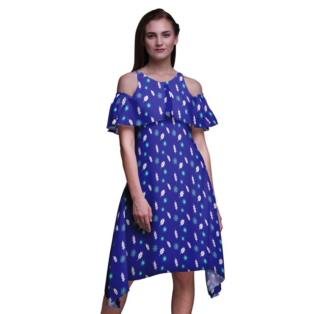 Bimba Robe Droite à Épaules Dénudées pour Femmes, Tunique de Fête à Col Rond Imprimée de Feuilles Bleues - XX-Grand