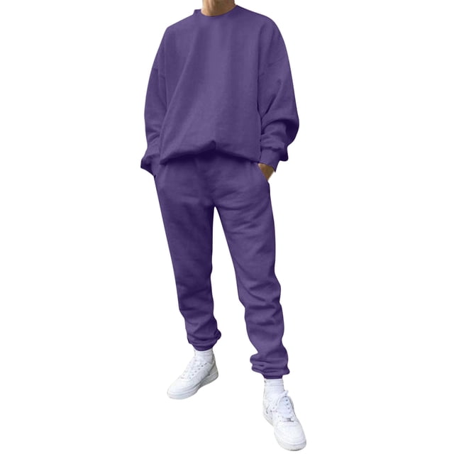 Kcodviy Male Casual Solid Two Suede Suit for Men Piece Suit O Neck Big and Tall Suit off Shoulder Sleeve Sweatshirt Penguin Suit Separate Drawstring Pocket Pants Set