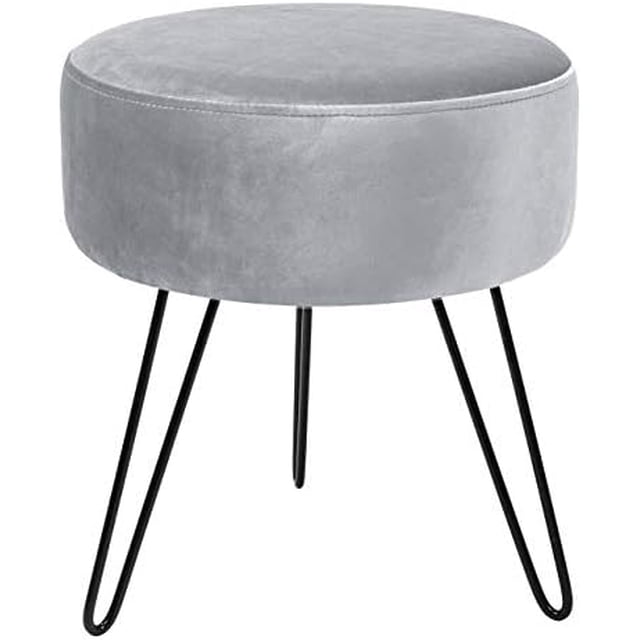 ® Velvet Footrest Stool, Round Mid-Century Modern Luxe Velvet Ottoman, Footstool Side Table, Removable Metal Leg Design (Gray)