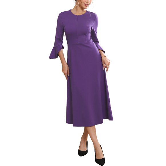 INSPIRE CHIC Women's Formal Dress Zipper Front Bell Sleeves Business Office Midi A-Line Dresses S Purple