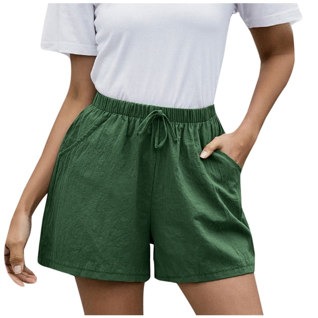 Timegard Cotton Linen Shorts for Women Elastic Waisted Drawstring Wide Leg Lounge Shorts with Pocket