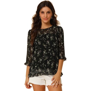 INSPIRE CHIC Blouse Fluide en Mousseline à Volants à Manches 3/4 à Imprimé Floral pour Femme