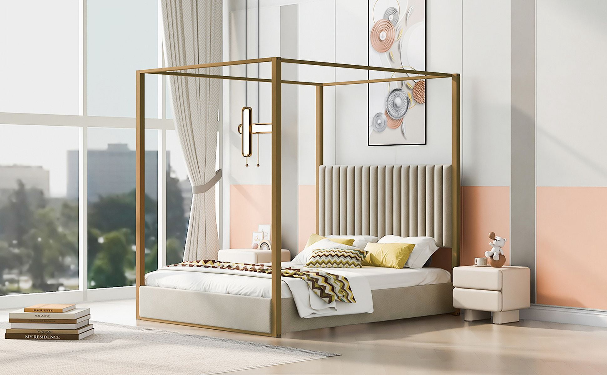 Noble House Queen Size Upholstery Canopy Platform Bed with Headboard and Metal Frame, Beige