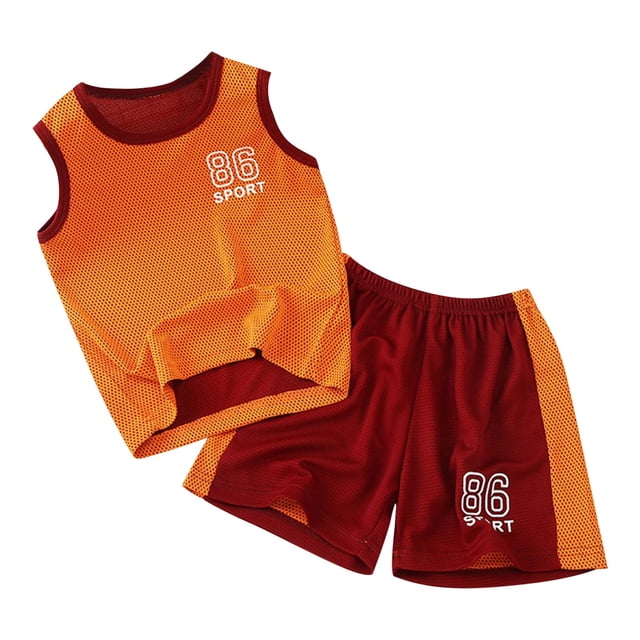 MIASHUI Ensemble Athlétique Ample pour Garçons avec Chandail à Manches Courtes et Shorts en Maille Active, Rouge, 7-8 Ans
