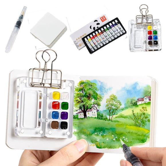 JASKFLY Sketchbook Mini Watercolor Paint Box Set with 12 Pigments 8 Colors Sketchbook and Pen for Travel Art,Home & Garden|Plastic,White
