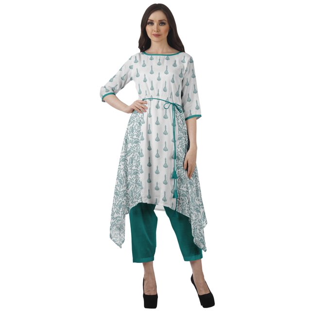 Moomaya Asymmetric Kurti With Pant Indian Tunic Tops Printed Kurti Set For Women