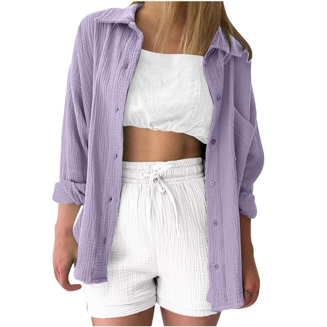Timegard Tops for Women Lapel Neck Long Sleeve Button up Shirts Solid Color Fall Casual Loose Blouse