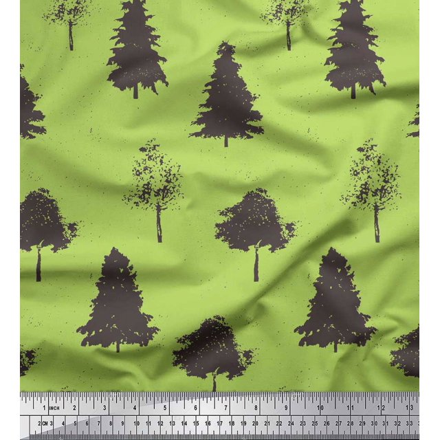 Soimoi Green Poly Georgette Fabric Stencil Tree Print Sewing Fabric Yard 52 Inch Wide