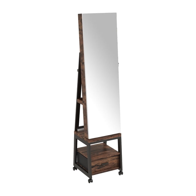 GloryStar 66" 360° Swivel Jewelry Armoire, Lockable Full-Length Mirror, Bottom Drawer, and Rear Storage Shelves, Freestanding Jewelry Organizer
