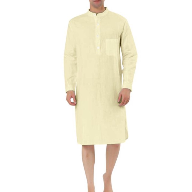Virmaxy Robe Mi-Longue pour Homme d'Automne Musulmane Arabe Unie en Coton à Manches Longues avec Poche Col Montant à Boutons Haut Kaki Décontracté