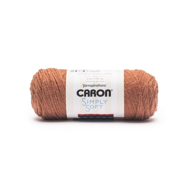 Caron® Simply Soft™ #4 Worsted (Medium) Acrylic Yarn in sienna, 6oz/170.1g with 315 yards, shown as a smooth, warm brown acrylic skein with a white label displaying brand and product information, suitable for knitting and crochet projects.