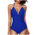 thumbnail image 3 of VBTAPA Tummy Control Swimsuits for Women Full Coverage One Piece Bathing Suits Metal Halter V Neck Ruched Slimming Swimwear Limited Time Sales Blue M, 3 of 5