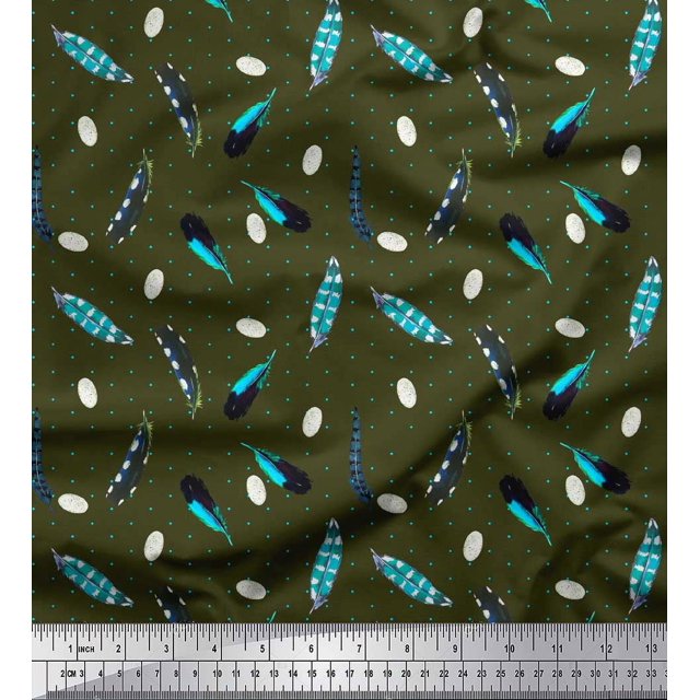 Soimoi Green Poly Georgette Fabric Dot & Feather Print Fabric by the Yard 42 Inch Wide