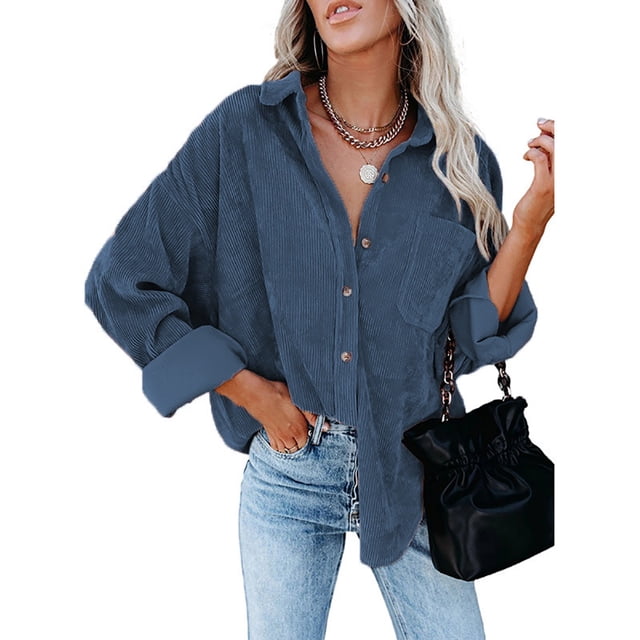 Womens Corduroy Casual Button Down Shirts Long Sleeve Boyfriend Oversized Collared Shacket Jacket Blouses Tops